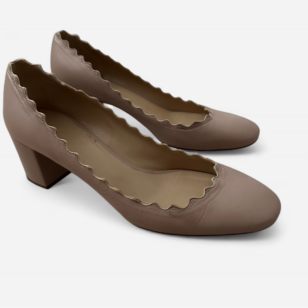 Chloe Lauren Scalloped Blush Tan Block Heels For Women